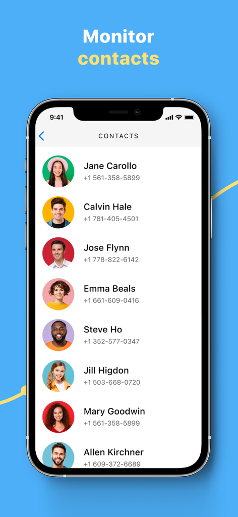 Pantalla de teléfono inteligente que muestra la función de monitoreo de lista de contactos de mSpy Lite con nombres y números de teléfono