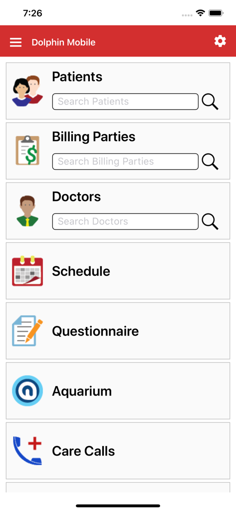 Dolphin Mobile app dashboard showing practice management features like patients, billing, and scheduling