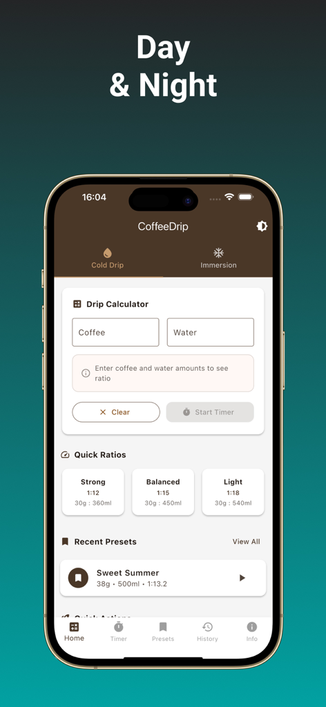 CoffeeDrip - The CoffeeDrip app home screen featuring a cold brew drip calculator and brewing ratio presets on an iPhone.