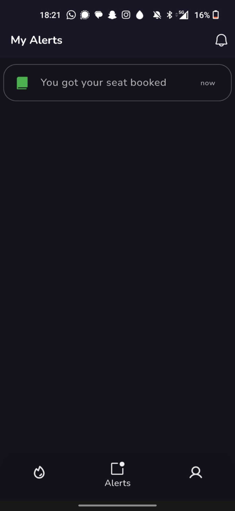 Tekkers - Tekkers app My Alerts screen displaying a seat booked notification