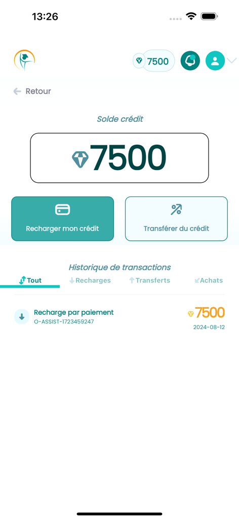 Assiste Moi - Assiste Moi app credit balance interface with transaction history and recharge options