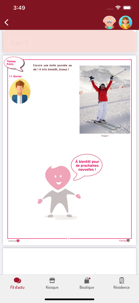 FamilyVi - Personalized family magazine layout in the FamilyVi app featuring a shared photo and message for a senior relative