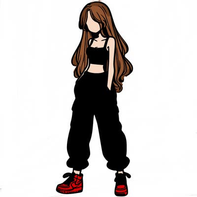 girl in baggy pants crop top and long hair