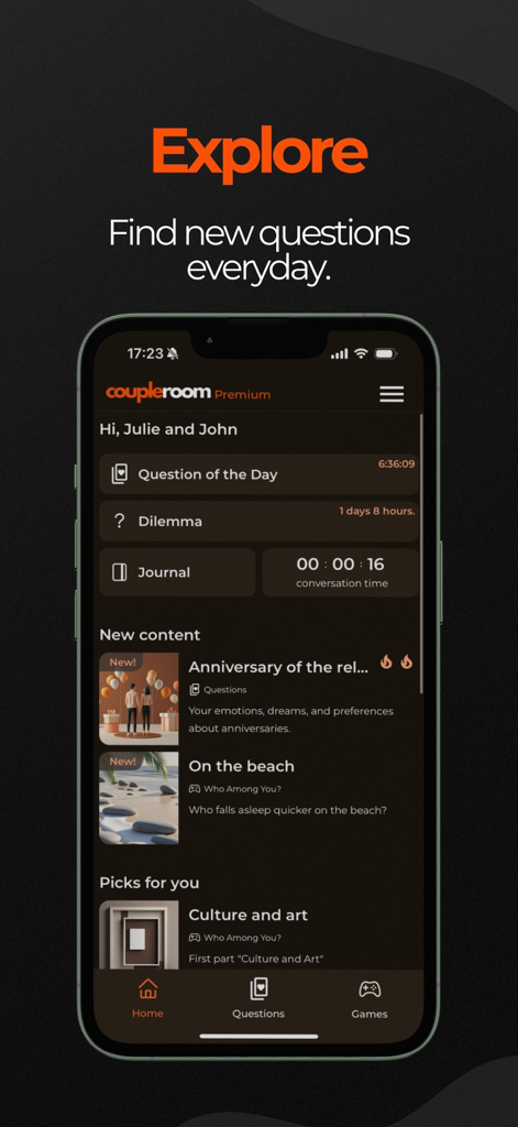 Coupleroom: Game For Couples - Coupleroom app home screen displaying daily relationship questions and conversation starters for couples.