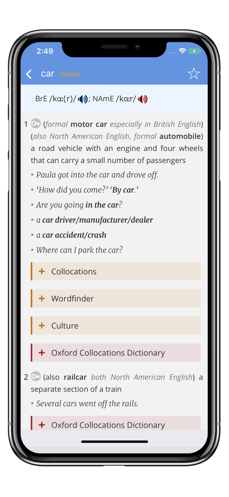 3000 Words English - Dictionary entry for the word car with definitions phonetics and example sentences in the 3000 Words English app