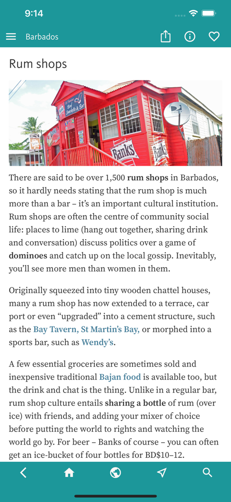 섬 럼 가게의 문화적 중요성을 설명하는 바베이도스 여행 가이드 앱의 페이지