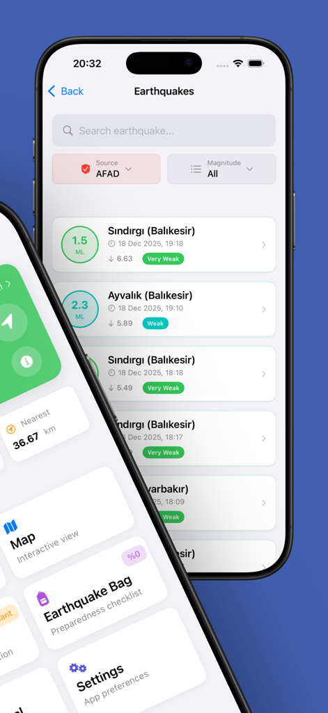Deprem Bildirim ve Güvenlik - Smartphone screens showing earthquake tracking data and emergency preparedness features