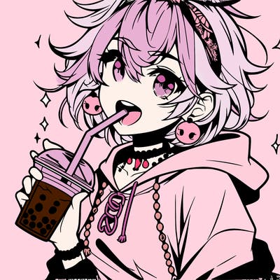 hot baddie anime girl drinking boba and biting the straw