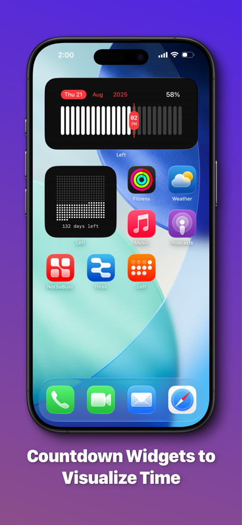 Left - Widgets for Time Left - iPhone Home Screen with aesthetic countdown and time progress widgets.
