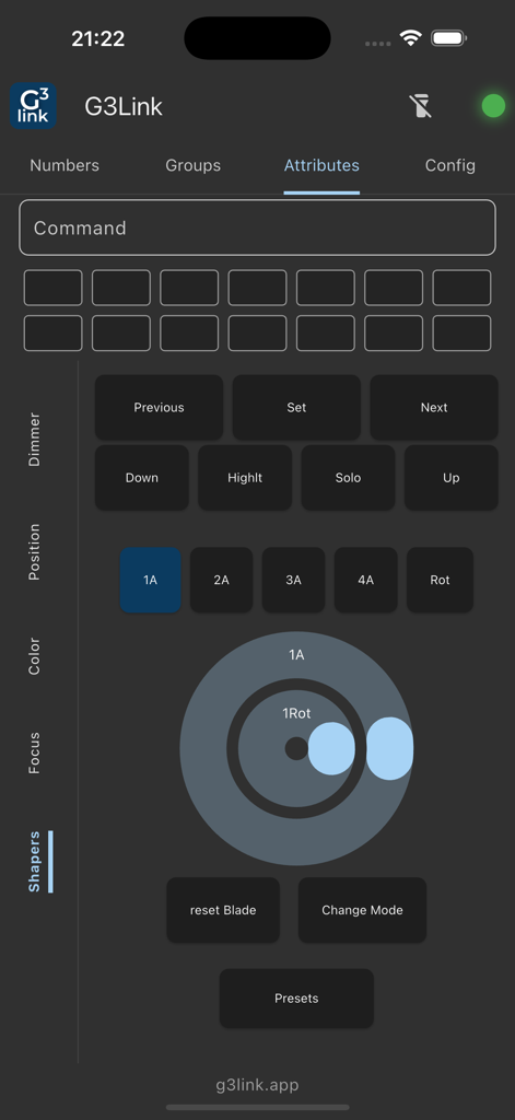 grandMA3 Remote (G3Link) - 조명기기 셰이퍼 속성 제어를 보여주는 G3Link 모바일 앱 인터페이스