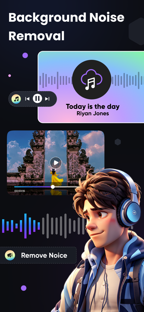 AI Background Noise Remover - Interfaz de herramienta de IA para eliminar ruido de fondo de archivos de audio y vídeo