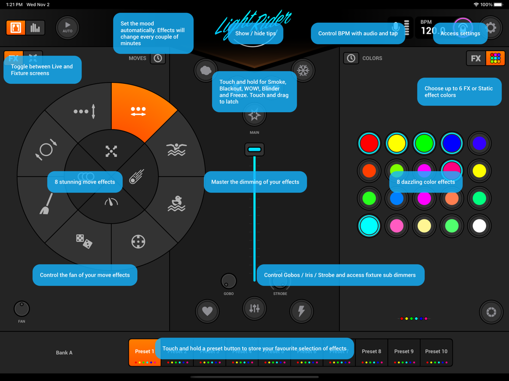 Interfaz de la aplicación de control de luces DMX Light Rider que muestra efectos de movimiento y color con consejos.