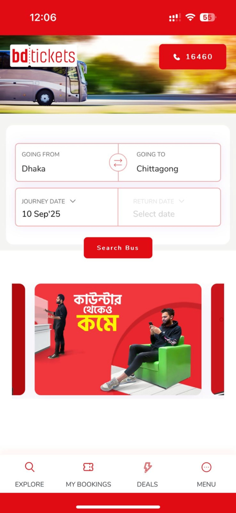 BDTICKETS - BDTICKETS mobile app interface for booking bus tickets from Dhaka to Chittagong
