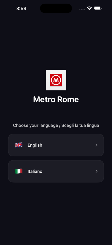 Pantalla de inicio de la aplicación Mapa del Metro de Roma para seleccionar el idioma inglés o italiano.