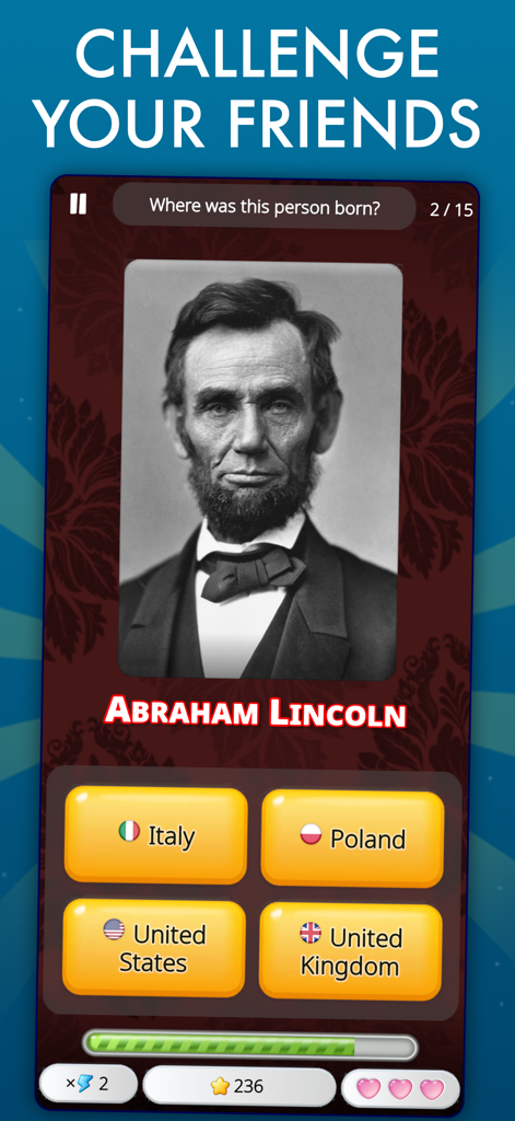World Geography Trivia Quiz - Captura de pantalla de la aplicación móvil que muestra una pregunta de trivia de geografía sobre el lugar de nacimiento de Abraham Lincoln