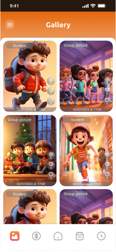 DigiKids - Gallery interface of the DigiKids app showing school photos of students and group pictures with dates and times