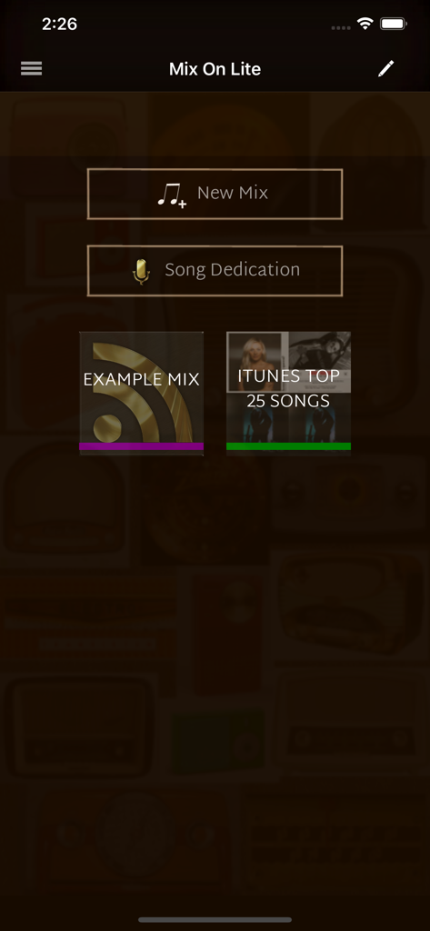 Mix On Lite - Pantalla de inicio de la aplicación Mix On Lite con botones para crear una nueva mezcla y enviar una dedicatoria de canción