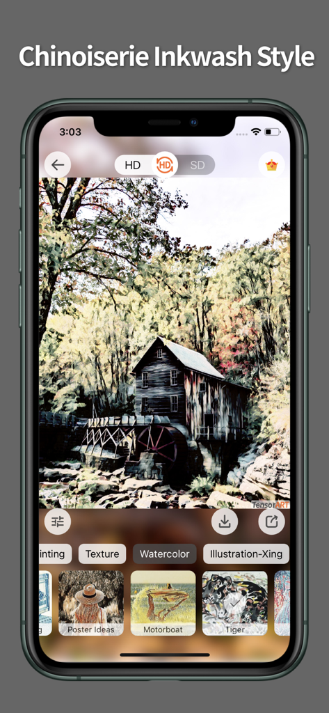 TensorArt - AI photo Editor - TensorArt App-Oberfläche, die einen Tuschemalerei-Kunstfilter zeigt, der auf ein Foto einer Mühle angewendet wurde