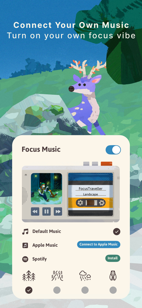 Focus Traveller app interface showing music connection settings for Apple Music and Spotify with a cozy deer illustration