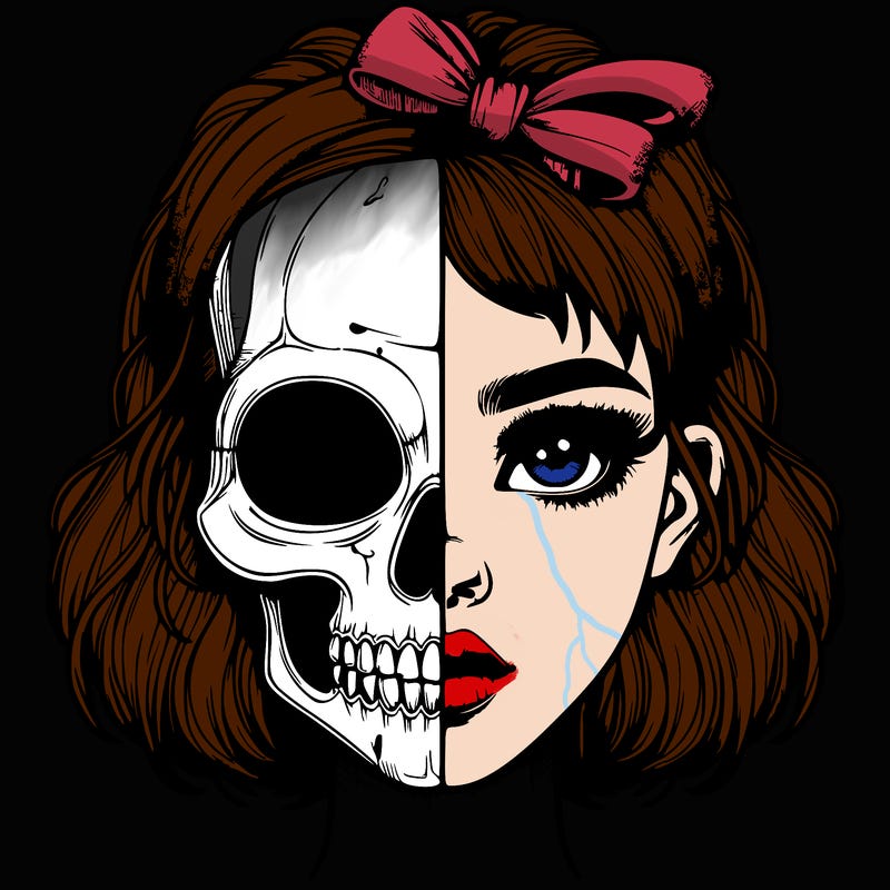 realistic girl with half skull mask