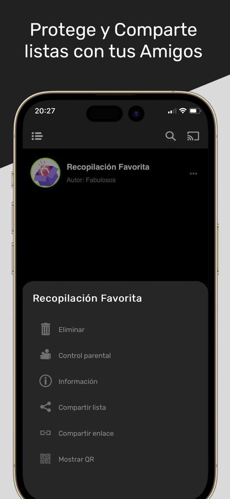 Whatplay: Reproductor IPTV - Whatplay app interface showing options to share media lists and set parental controls.