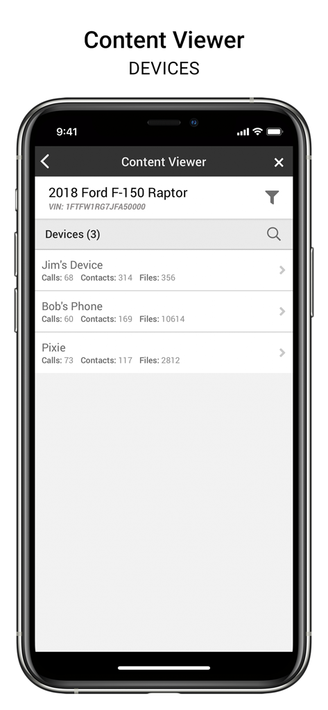 iVe-Mobile - iVe-Mobile app screen showing forensic data like calls and contacts from devices connected to a vehicle