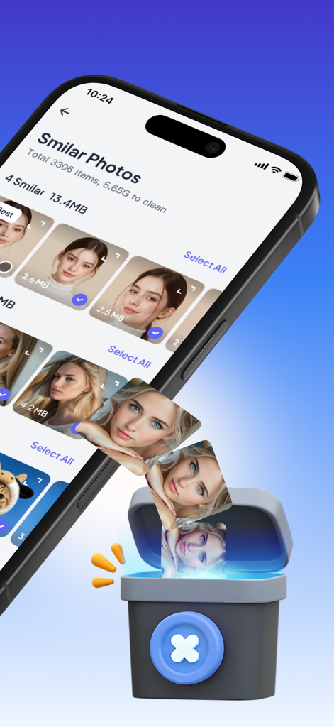 AI Cleaner Guru: Photo Cleaner - Interfaz de la aplicación AI Cleaner Guru mostrando fotos similares siendo eliminadas en un bote de basura para liberar espacio de almacenamiento.
