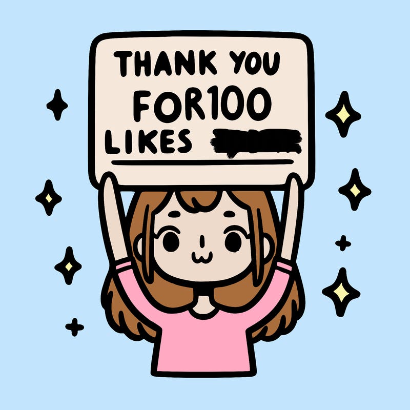 a girl holding up a sign that says” thank you for 100 likes today.”