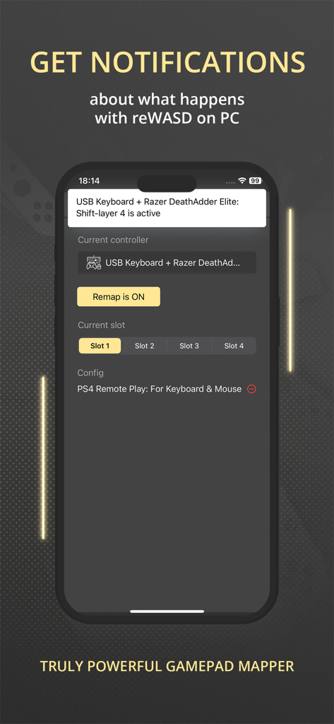 Razerマウスとキーボードの構成ステータスの通知を表示するreWASD Mobileアプリを搭載したスマートフォン。