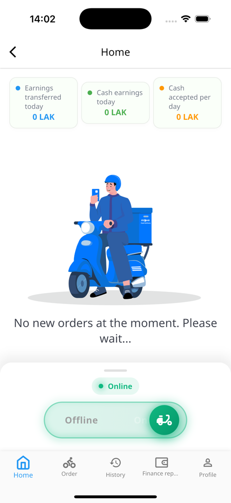 Move Driver - Move Driver app home screen showing daily earnings dashboard and online status toggle