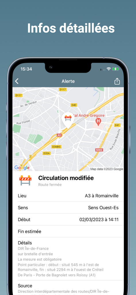 Mon Trafic - Info Circulation - Mon Traficアプリのロマンヴィルでの道路閉鎖を示す詳細な交通アラートインターフェース。