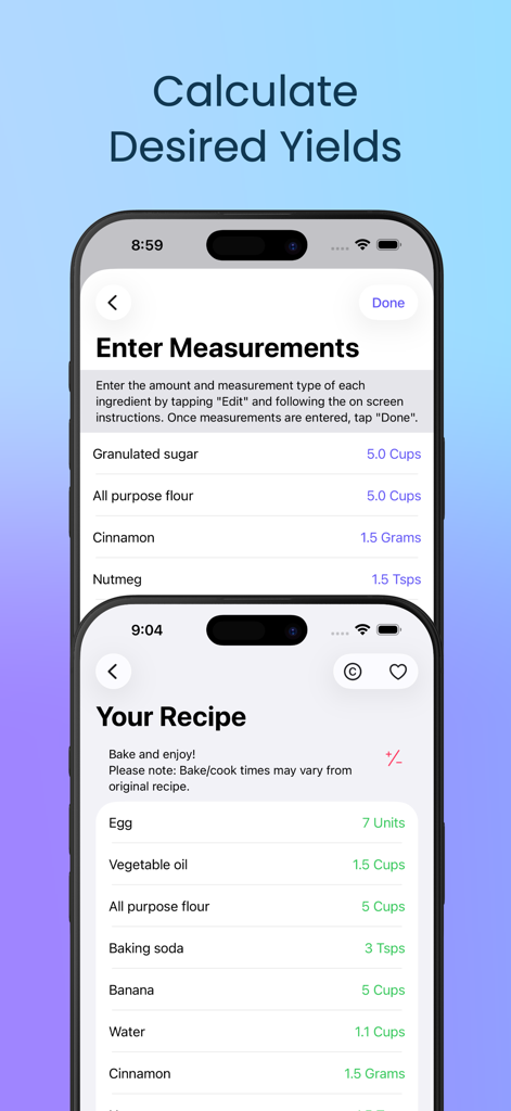 Bake-u-lator - Bake-u-latorアプリのインターフェース。測定値を入力してレシピの出来高を計算する画面が表示されています。