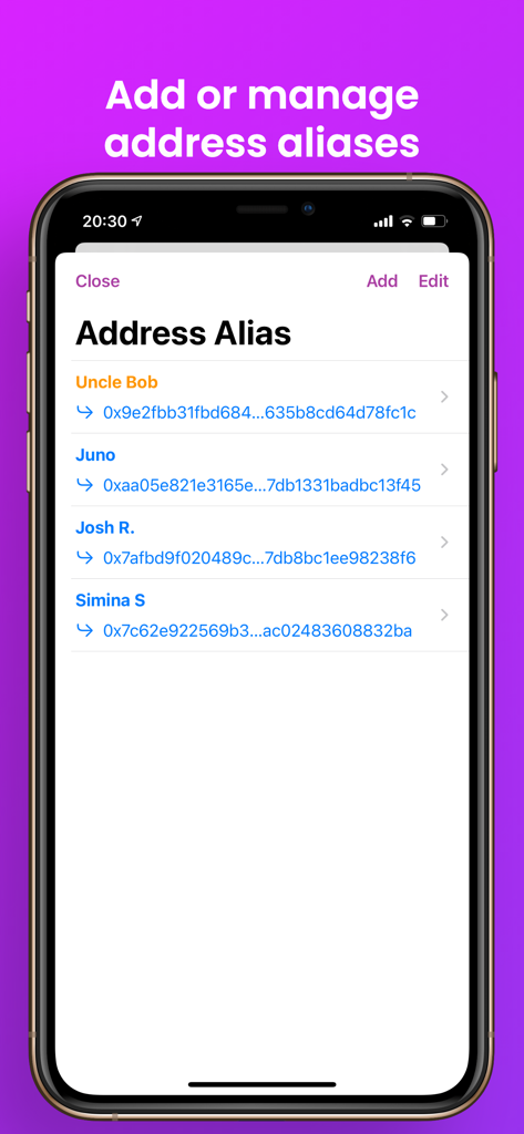 A list of cryptocurrency wallet addresses with custom aliases in the Polygon Chain Explorer app interface.
