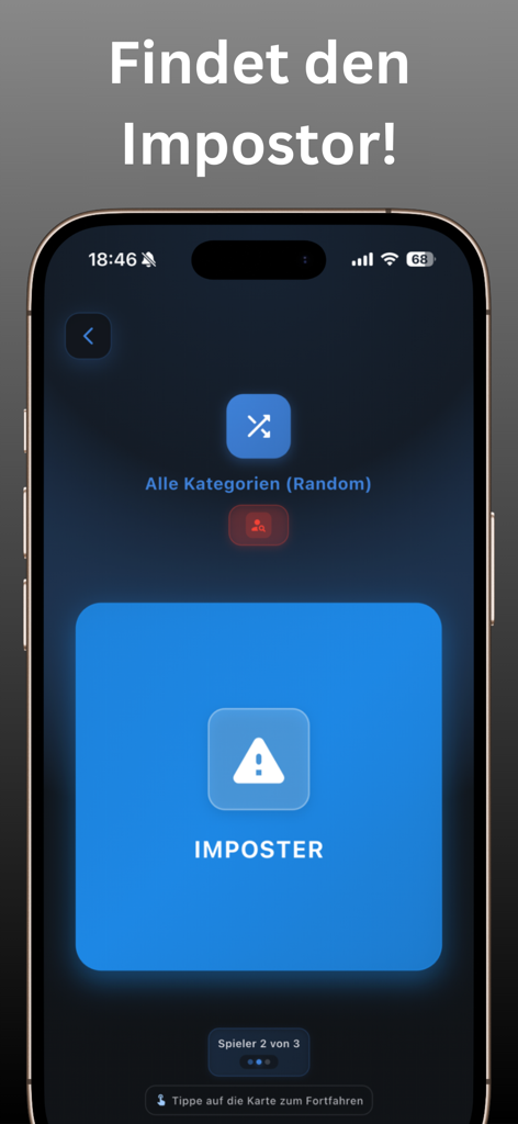 Impostor - Multiparty - Tela de jogabilidade móvel do Impostor - Multiparty mostrando o cartão de atribuição de função de Impostor em um smartphone