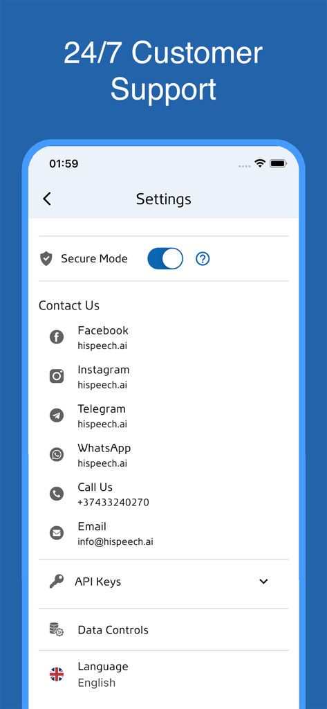 hispeech.ai - Armenian STT - Tela de configurações do aplicativo hispeech.ai exibindo informações de contato para suporte ao cliente, incluindo mídias sociais e e-mail.
