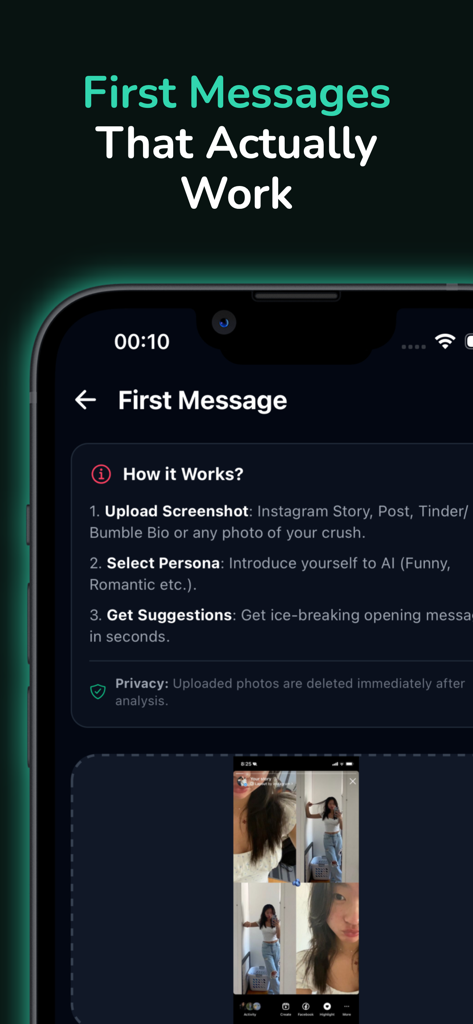 Rizz Dating AI-Flirt Coach - Interface of the Rizz app explaining how to generate first messages using AI screenshot analysis and persona selection.