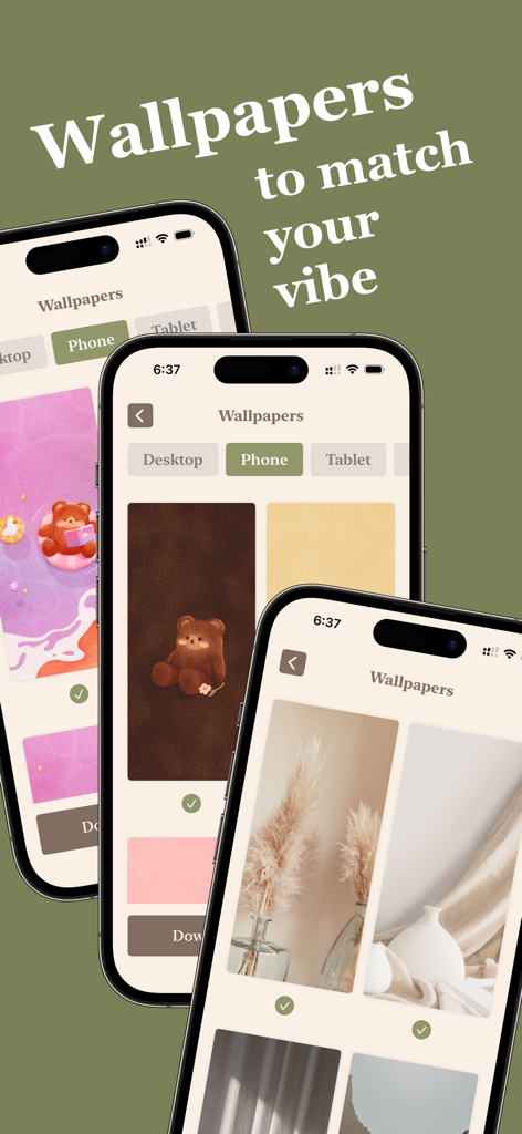 Three iPhones displaying a variety of aesthetic wallpapers and theme options within the StyleKit app interface