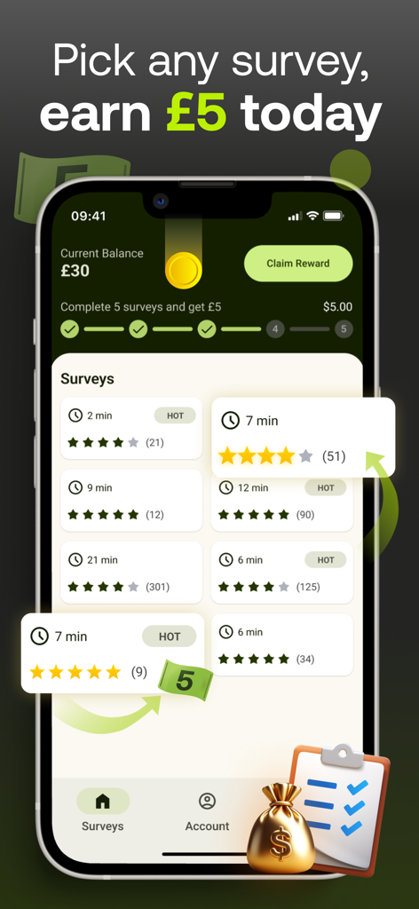 Five Surveys - Earn Money Fast - Five Surveys App-Oberfläche, die eine Liste verfügbarer Umfragen mit Abschlusszeiten und einer Fortschrittsanzeige für eine Belohnung von fünf Pfund zeigt.