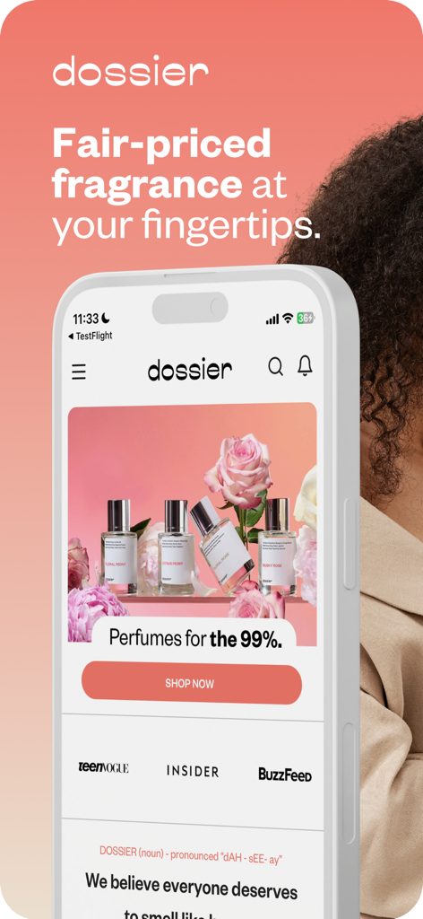 Dossier Perfumes - Schermata principale dell'app mobile Dossier Perfumes che mostra fragranze convenienti e un pulsante per acquistare ora