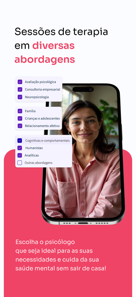 Smartphone screen showing a video call with a psychologist and a list of therapy specialties in the Conexa Saude app.