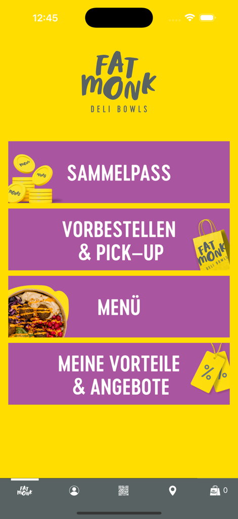 Fat Monk - Home screen of the Fat Monk app with options for loyalty cards, pre-ordering, menu, and offers.