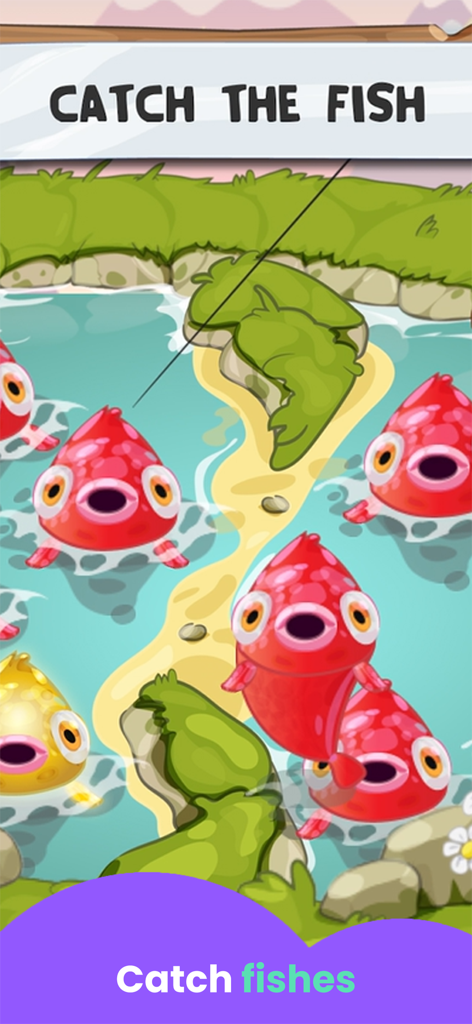 A group of colorful cartoon fish in a pond during the Alphabet Fishing game mode.