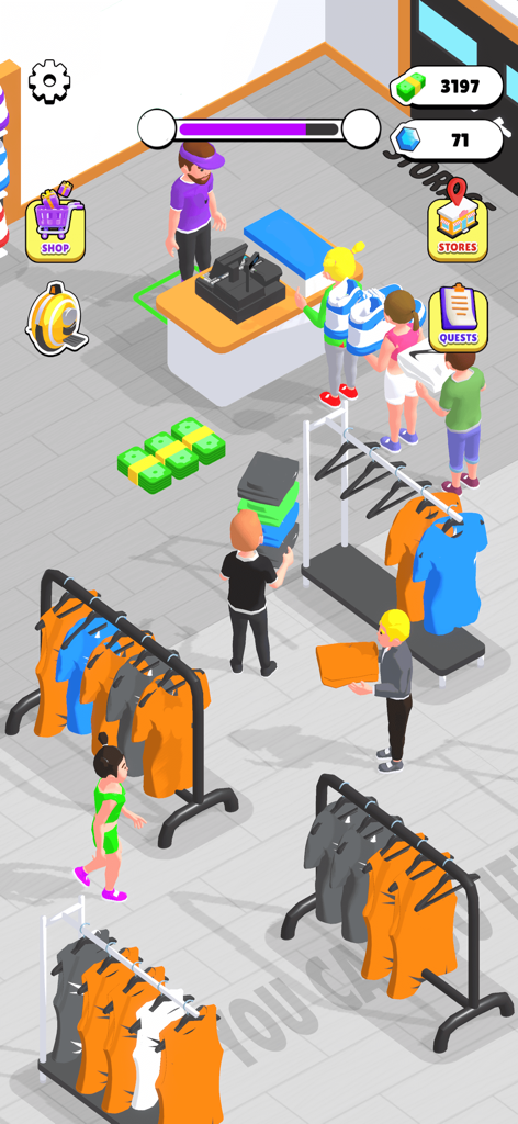 Gameplay screenshot of Outlets Rush showing a retail store manager handling customers and clothing racks