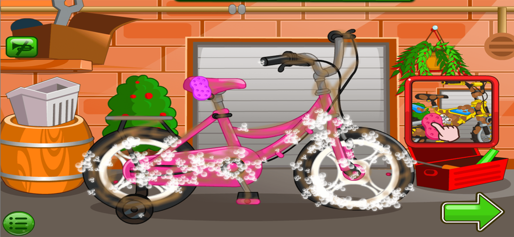Clean Up, Bike Car Wash Games - Una bicicleta rosa cubierta de burbujas de jabón siendo lavada en un garaje virtual