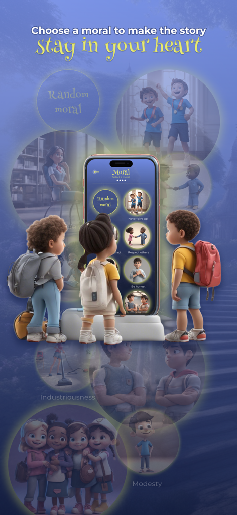 Magic Journeys: Kids Storytime - A smartphone screen displaying various moral lessons to choose from for children stories