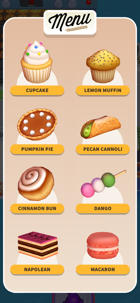 Baking Time! - Menú del juego de Baking Time mostrando varios dulces horneados como cupcakes, muffins y macarons