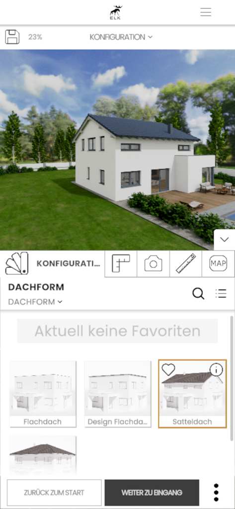 ELK House Designer - Visualizzazione 3D di una casa e menu di personalizzazione del tetto all'interno dell'app ELK House Designer
