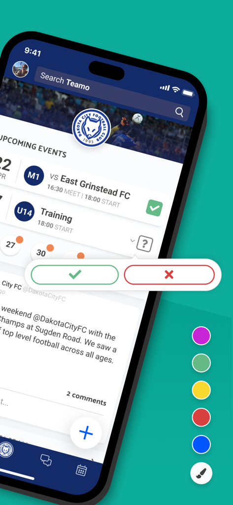 Tableau de bord de l'application mobile Teamo affichant les matchs de sport à venir et les options de disponibilité des joueurs