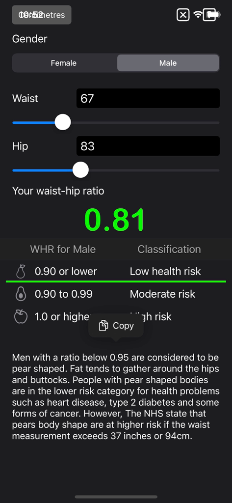 Waist to Hip Ratio Calc - Taille-Hüfte-Verhältnis Rechner zeigt ein Ergebnis von 0,81 und eine Klassifizierung für einen Mann.