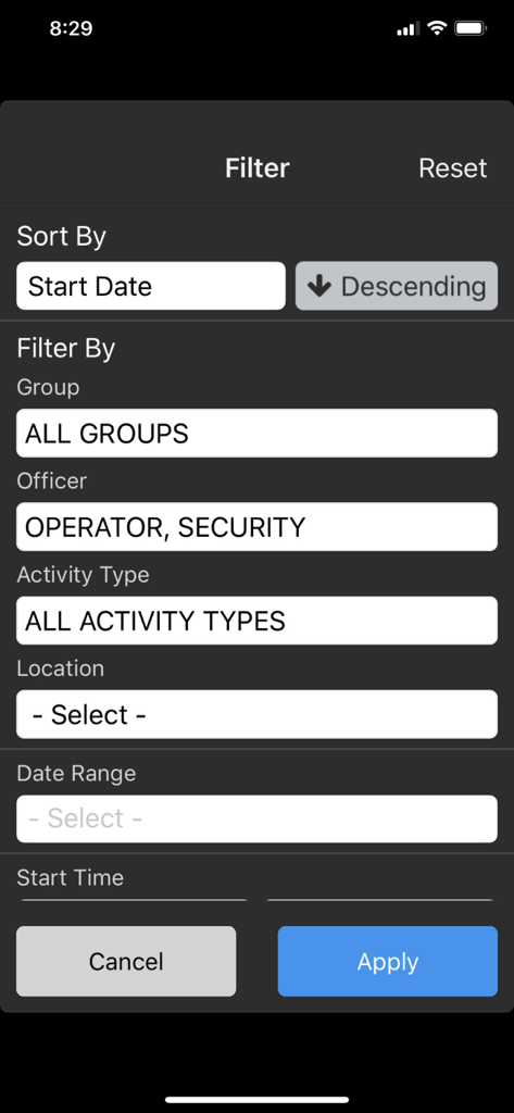 L'interfaccia delle impostazioni del filtro del software mobile Omnigo che mostra le opzioni per ordinare e filtrare i dati di sicurezza.